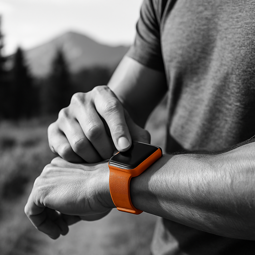 Checking fitness tracker for step counting and health monitoring in natural setting