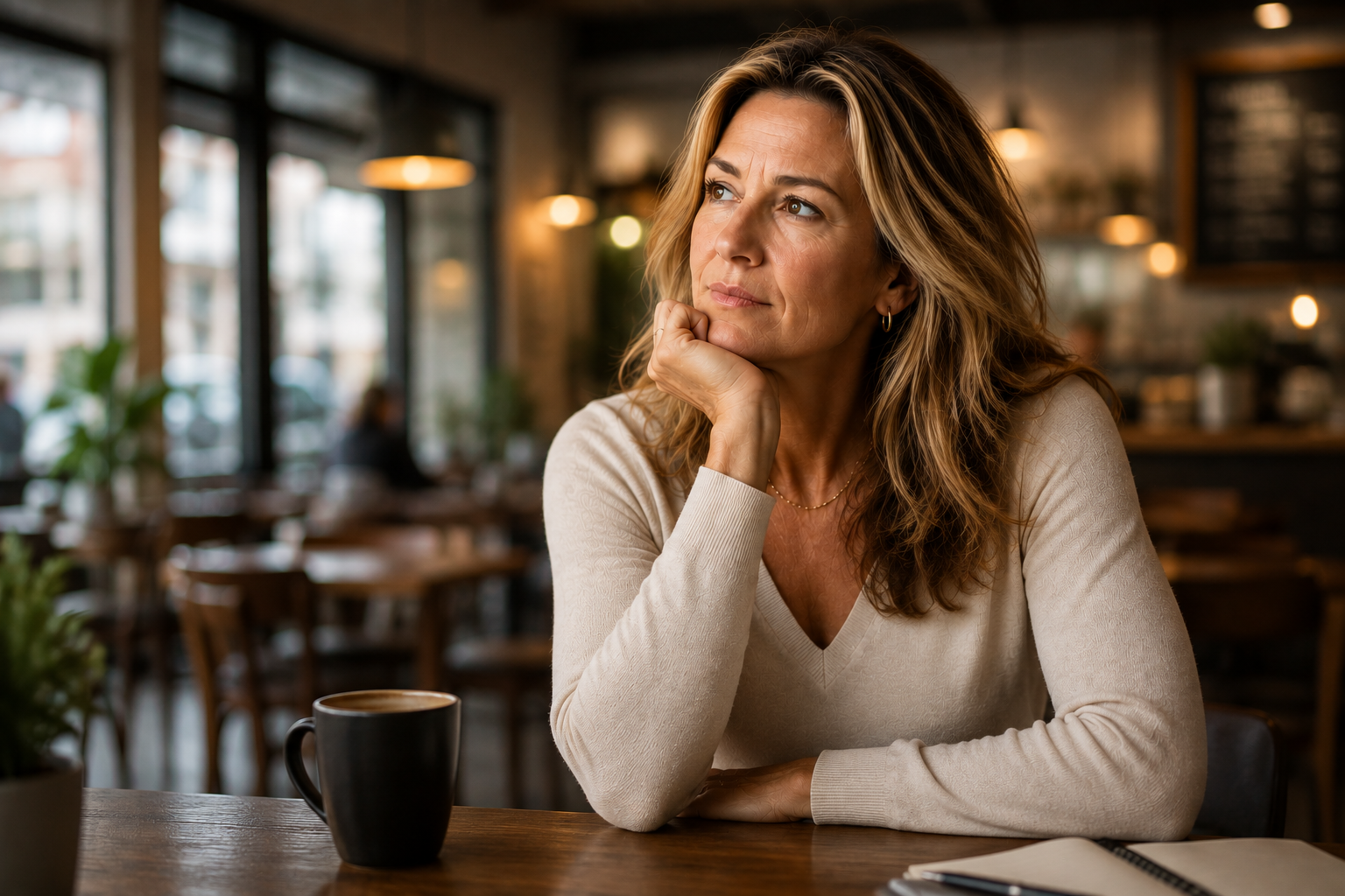 Woman sitting thoughtfully in a café, reflecting on persistent symptoms despite normal hormone lab results