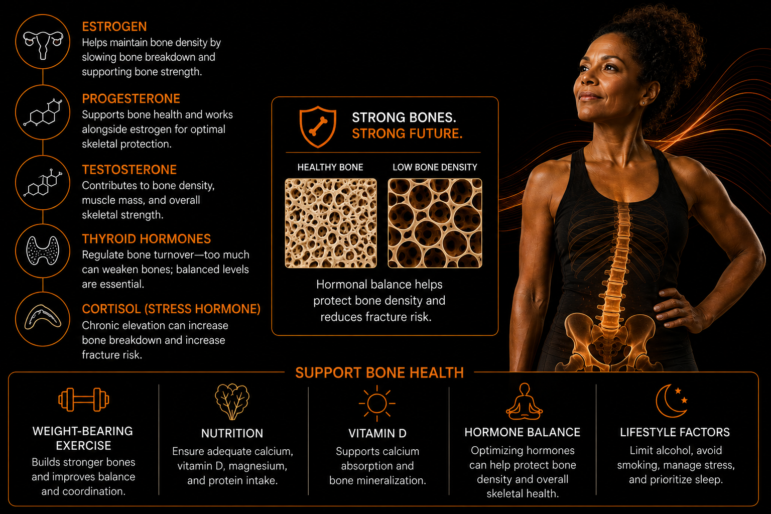 Infographic showing how estrogen, testosterone, progesterone, thyroid hormones and cortisol affect bone health, with a comparison of healthy bone and low bone density