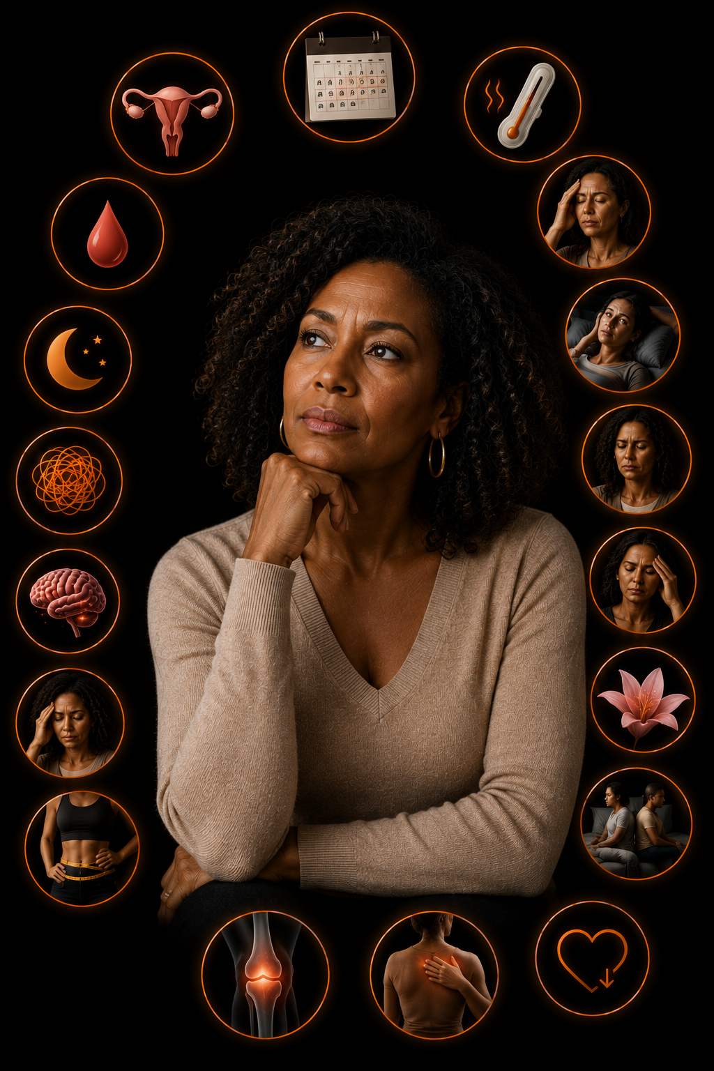 Infographic showing common perimenopause symptoms surrounding a woman in thought: irregular cycles, spotting, hot flashes, night sweats, headaches, insomnia, brain fog, mood changes, joint pain, breast tenderness, low libido, relationship strain, and weight changes