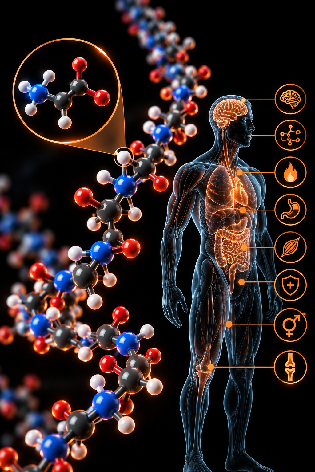 Amino acid molecular structure zoomed from a peptide chain, alongside a translucent human body highlighting the brain, digestive tract, metabolism, immune, reproductive and joint systems that peptides help signal