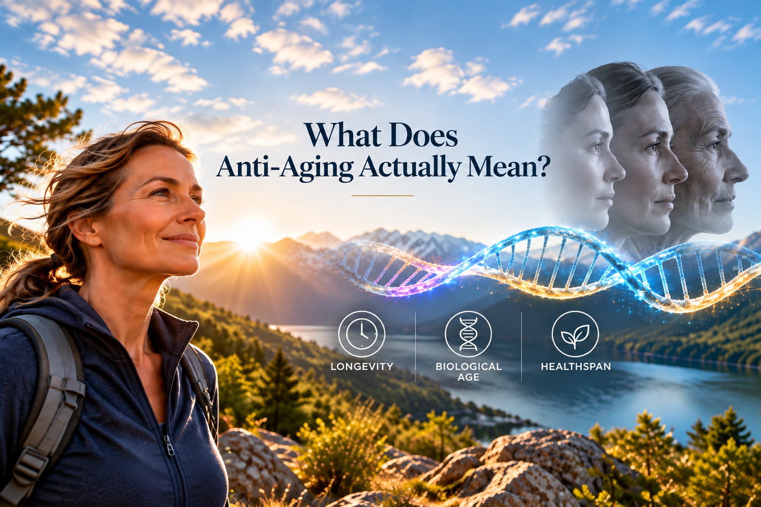 Conceptual hero graphic for "What Does Anti-Aging Actually Mean" showing a physician alongside symbols of biological aging research: a DNA strand with epigenetic methylation marks, a shortening telomere at the end of a chromosome, a clock face, and icons representing healthspan such as strength, mobility and cardiovascular fitness