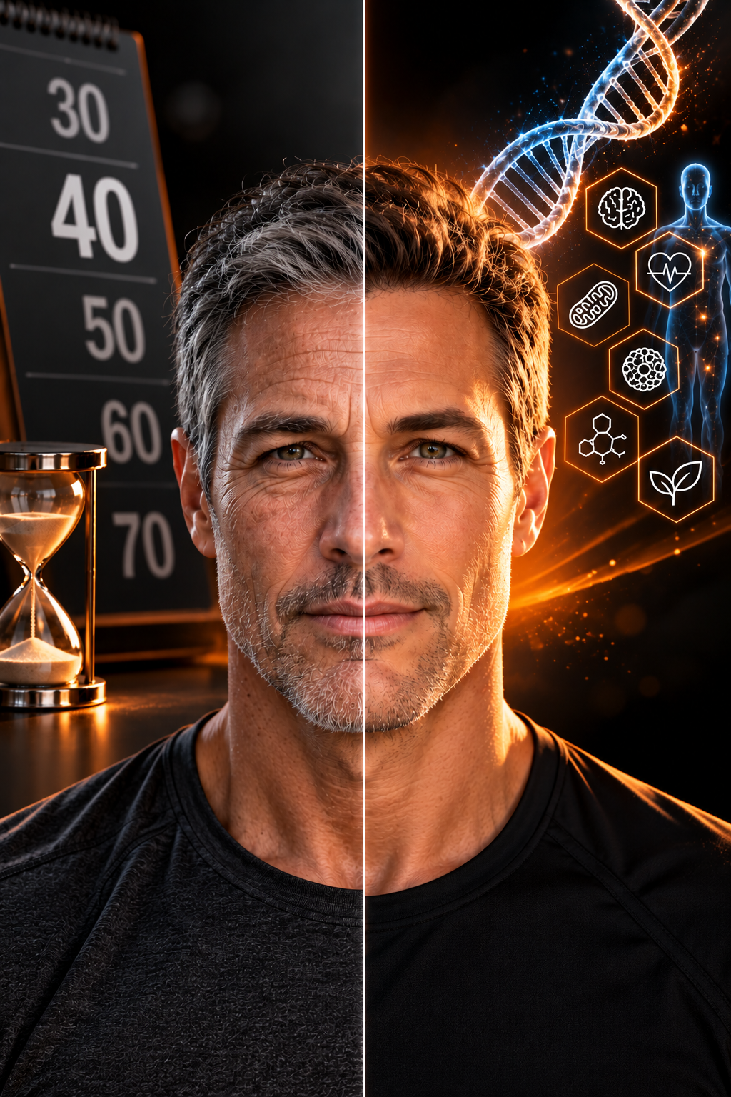 Split composite portrait of the same man's face showing an aged, graying half beside a younger, vibrant half, with a DNA helix and icons for brain, heart, mitochondria, cells and molecular health representing the biological processes behind chronological versus biological age