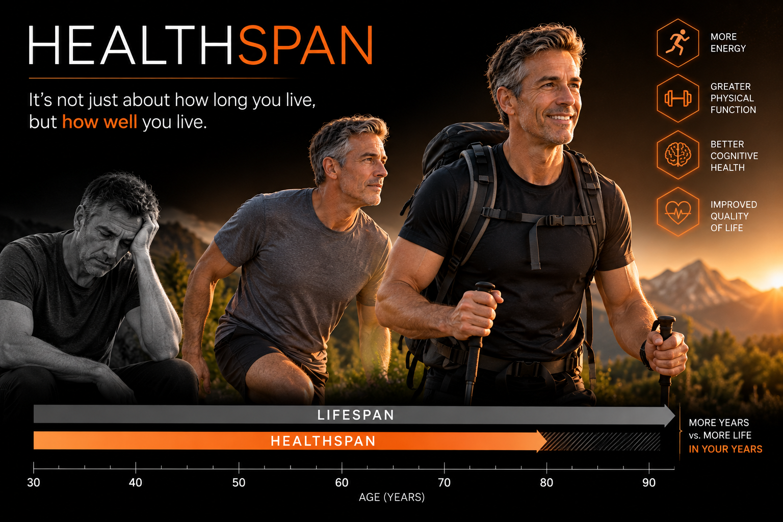 Healthspan infographic showing three men at increasing ages and vitality along a hiking trail, illustrating that it's not just about how long you live but how well you live, with icons for more energy, greater physical function, better cognitive health and improved quality of life, and a timeline comparing total lifespan to healthspan from age 30 to 90