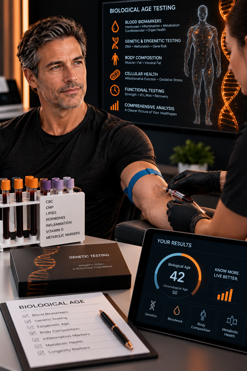 Biological age testing infographic showing a blood draw alongside categories including blood biomarkers, genetic and epigenetic testing, body composition, cellular health, functional testing and comprehensive analysis, plus sample results comparing biological age to chronological age