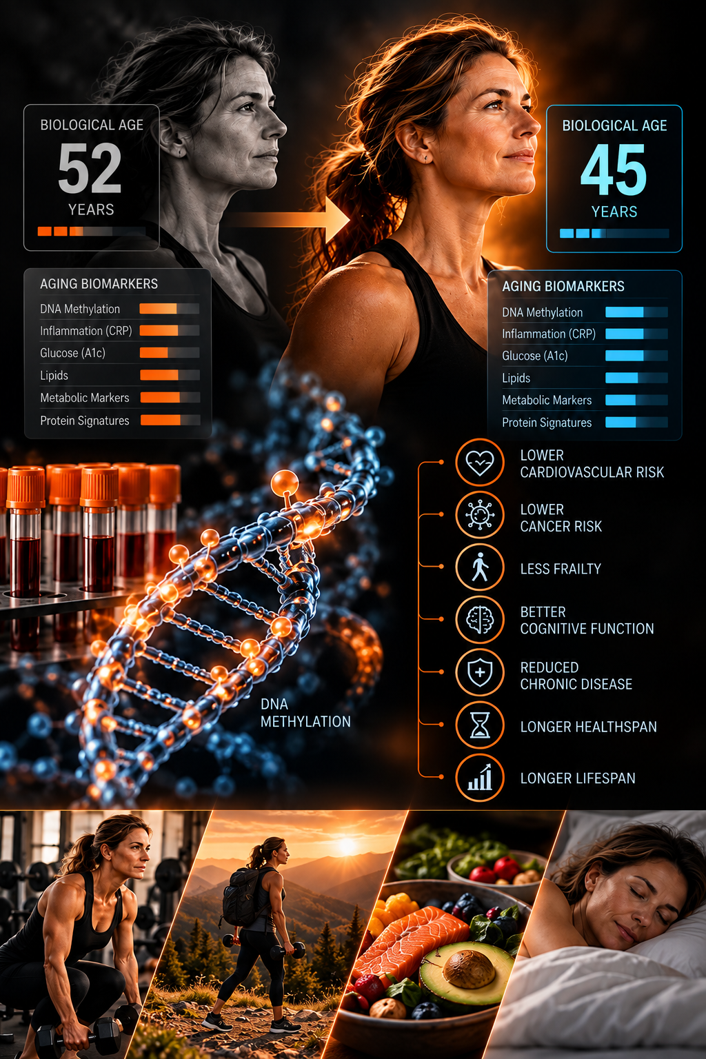 Infographic showing a woman whose biological age estimate changes from 52 to 45 years as aging biomarkers such as DNA methylation, inflammation, glucose, lipids, metabolic markers and protein signatures improve, alongside the outcomes that would still need to be shown, including lower cardiovascular and cancer risk, less frailty, better cognitive function, reduced chronic disease and longer healthspan and lifespan, with images of exercise, nutrition and sleep