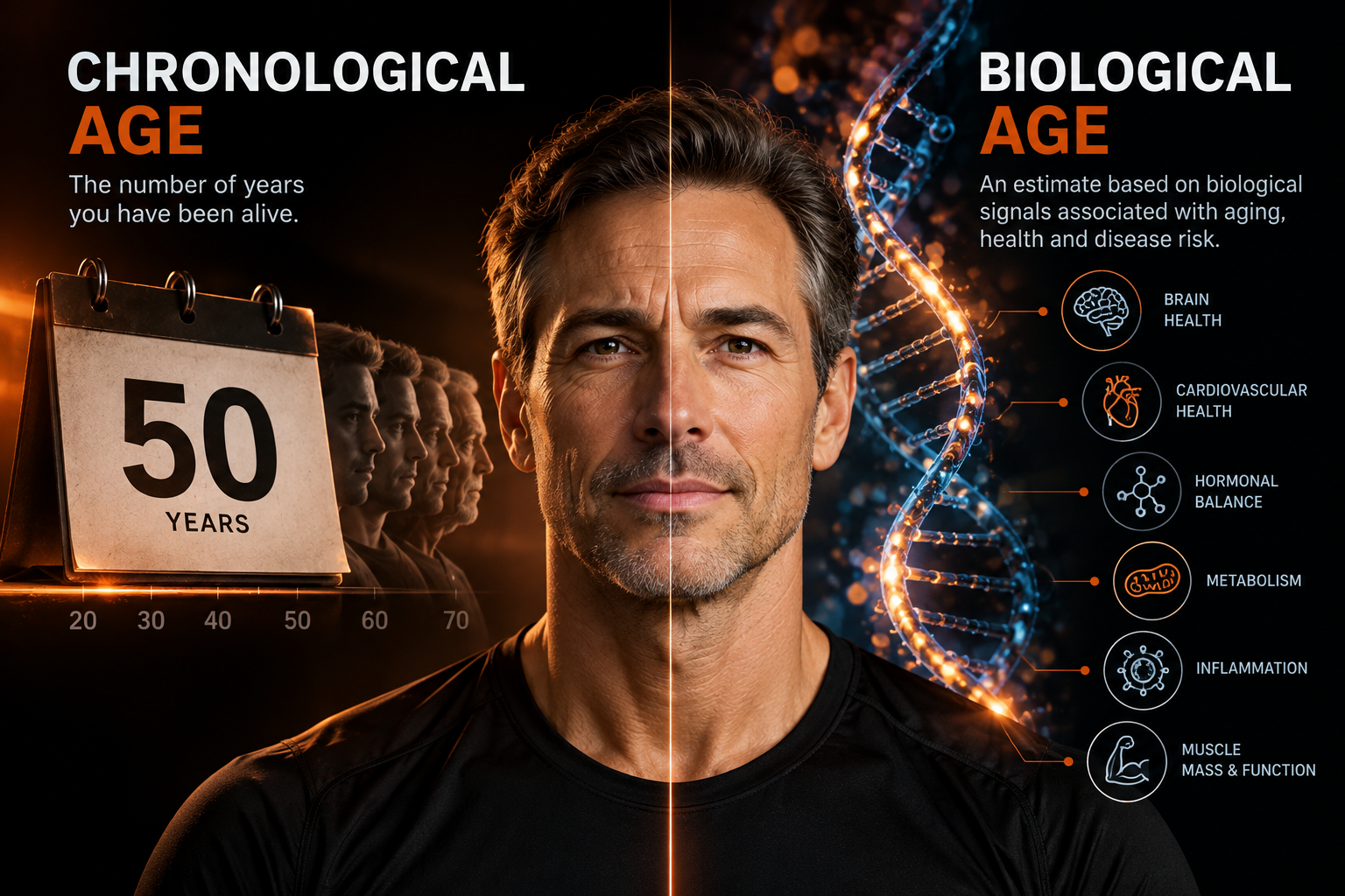 Infographic comparing chronological age, shown as a calendar reading 50 years, with biological age, an estimate based on signals such as brain health, cardiovascular health, hormonal balance, metabolism, inflammation and muscle mass and function