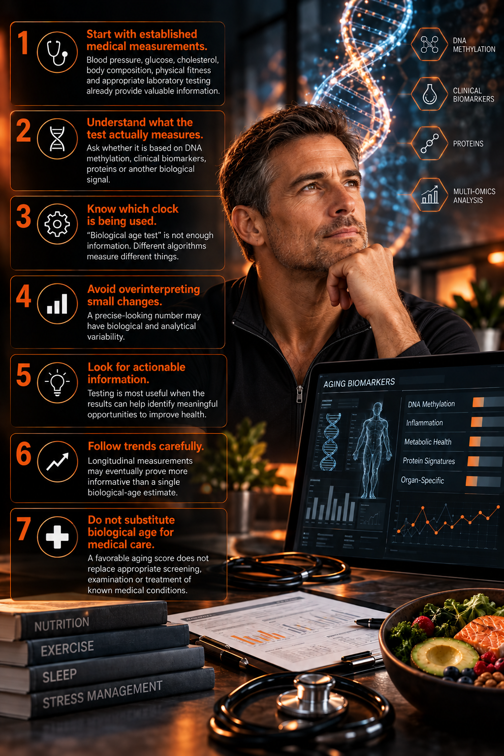 Infographic of a thoughtful man beside seven numbered steps for approaching biological-age testing, from starting with established medical measurements to not substituting biological age for medical care, with icons for DNA methylation, clinical biomarkers, proteins and multi-omics analysis, a tablet of aging biomarkers, and books on nutrition, exercise, sleep and stress management