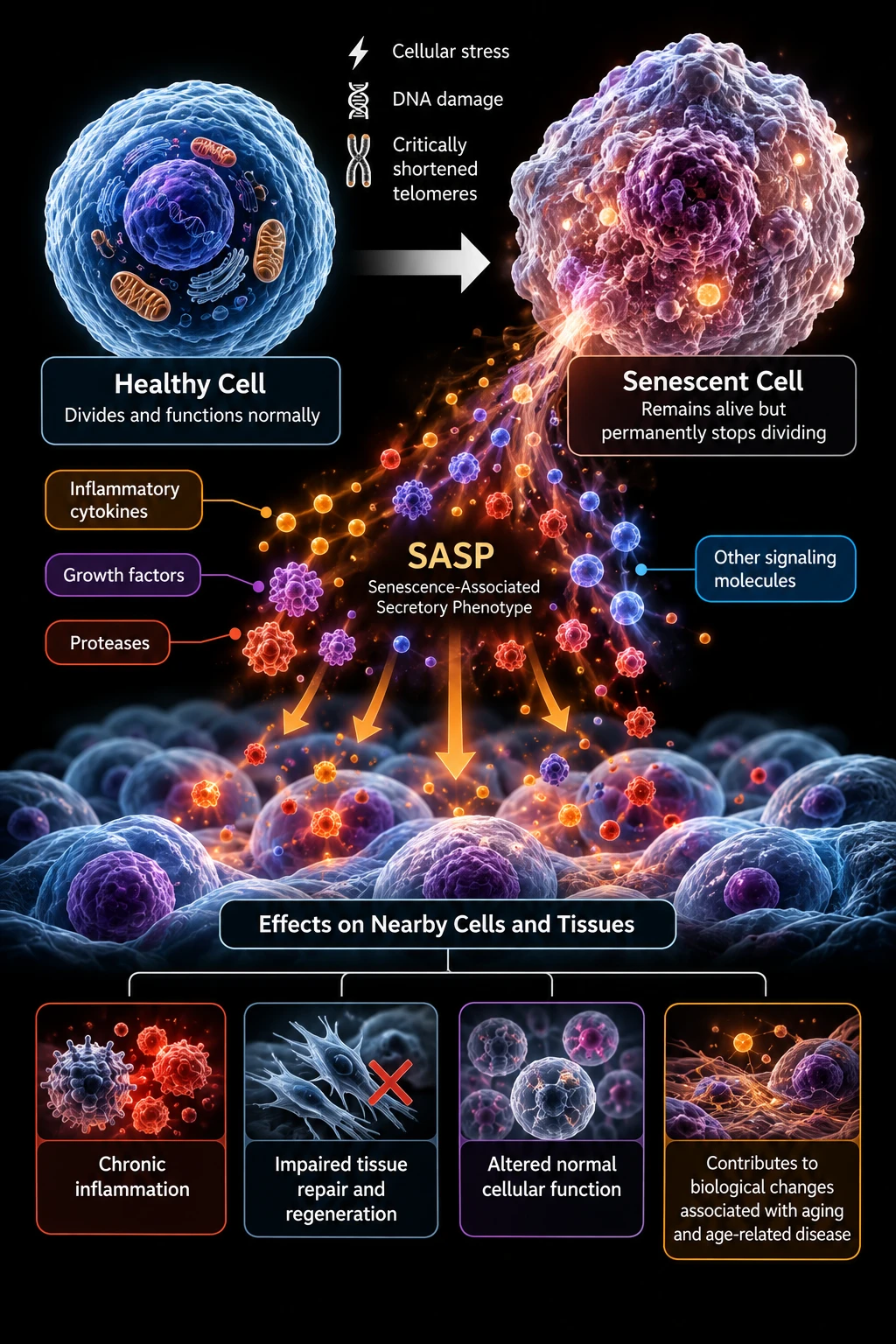 Infographic showing a healthy cell becoming a senescent cell after cellular stress, DNA damage or critically shortened telomeres; the senescent cell releases the senescence-associated secretory phenotype (SASP), including inflammatory cytokines, growth factors, proteases and other signaling molecules, which affect nearby cells and tissues through chronic inflammation, impaired tissue repair and regeneration, altered normal cellular function, and contributions to biological changes associated with aging and age-related disease