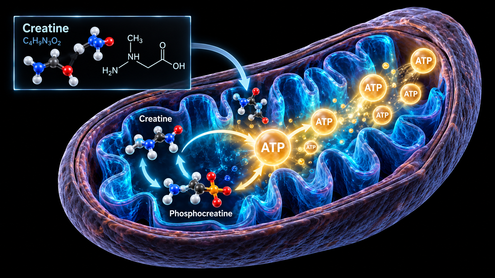 Infographic: inside a mitochondrion, creatine and phosphocreatine exchange phosphate to rapidly regenerate ATP.