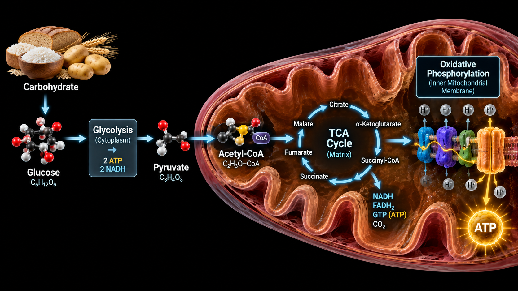 Infographic: carbohydrate is broken down to glucose, glycolysis in the cytoplasm yields pyruvate, which becomes acetyl-CoA, enters the TCA cycle in the mitochondrial matrix, and drives oxidative phosphorylation to produce ATP.