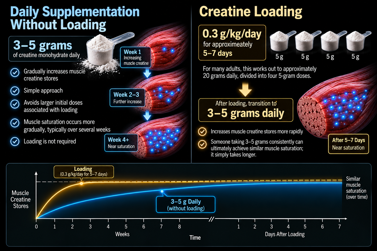 Infographic comparing daily creatine supplementation without loading (3–5 grams daily, gradual saturation over several weeks) with creatine loading (0.3 g/kg/day for 5–7 days, then 3–5 grams daily), both reaching similar muscle saturation over time.