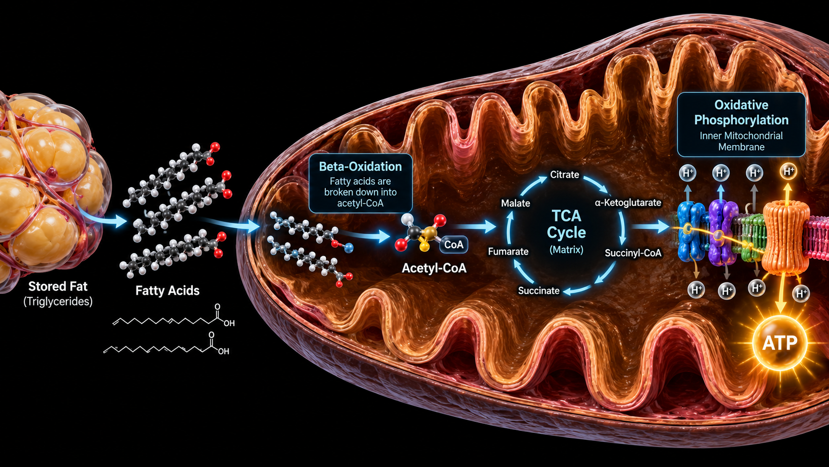 Infographic: stored fat (triglycerides) releases fatty acids, which undergo beta-oxidation to acetyl-CoA in the mitochondria, enter the TCA cycle, and drive oxidative phosphorylation to produce ATP.