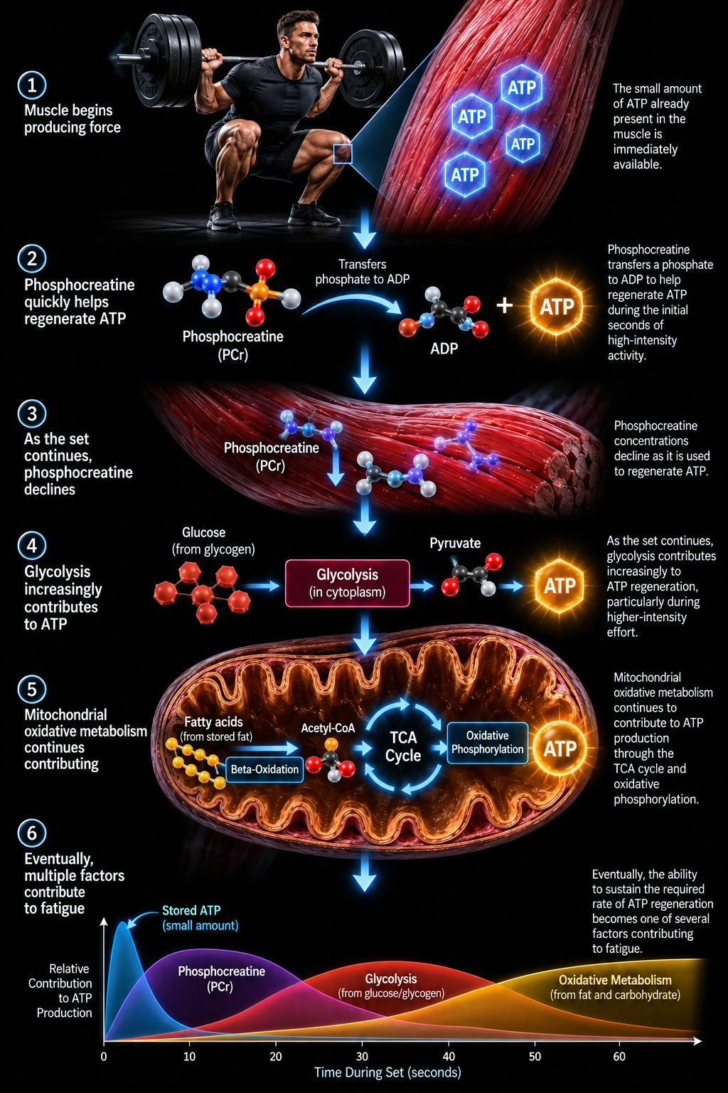 Infographic: during a heavy squat set, stored ATP is used first, phosphocreatine quickly regenerates ATP and then declines, glycolysis contributes increasingly, mitochondrial oxidative metabolism continues contributing, and eventually multiple factors contribute to fatigue.