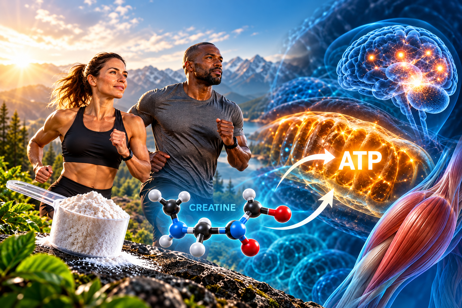 Two runners on a mountain trail beside a scoop of creatine powder, with a creatine molecule, glowing ATP, the brain, and skeletal muscle illustrating creatine's role in cellular energy.