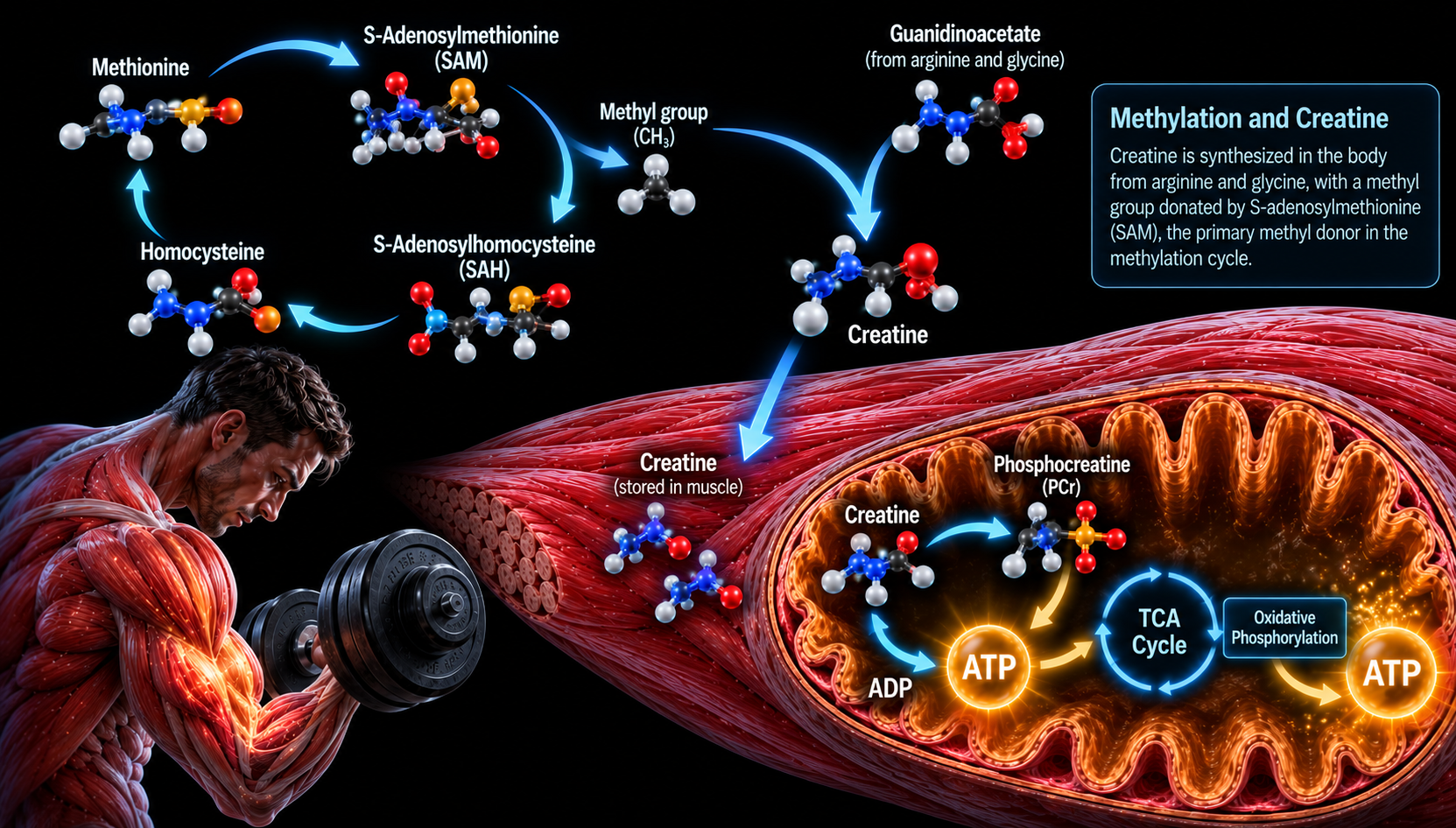 Infographic: methionine forms S-adenosylmethionine (SAM), which donates a methyl group to guanidinoacetate to form creatine and becomes S-adenosylhomocysteine (SAH) and then homocysteine; creatine is stored in muscle and used to regenerate ATP.