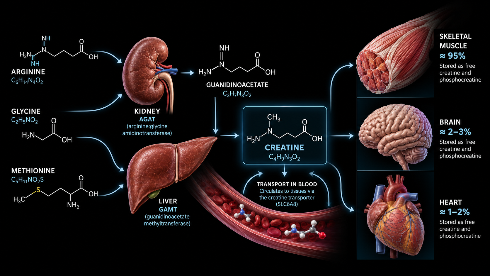 Infographic: creatine synthesis from arginine, glycine and methionine via AGAT in the kidney and GAMT in the liver, transport in blood via the creatine transporter (SLC6A8), and storage in skeletal muscle (about 95%), brain and heart as free creatine and phosphocreatine.