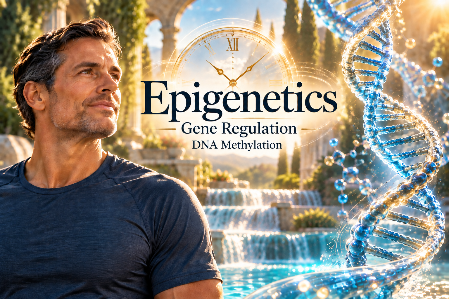 Conceptual hero graphic for "What Is an Epigenetic Clock?" showing a DNA strand marked with epigenetic methylation patterns, a clock face representing chronological versus biological age, and icons for exercise, nutrition, sleep and other lifestyle factors studied in epigenetic aging research