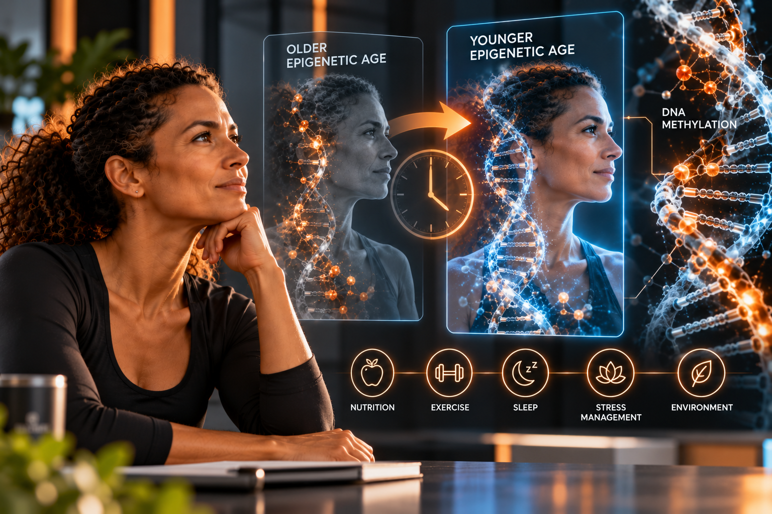 Infographic showing a woman comparing an older epigenetic age profile to a younger epigenetic age profile connected to a DNA methylation strand, with icons for nutrition, exercise, sleep, stress management and environment representing lifestyle factors studied in epigenetic age research