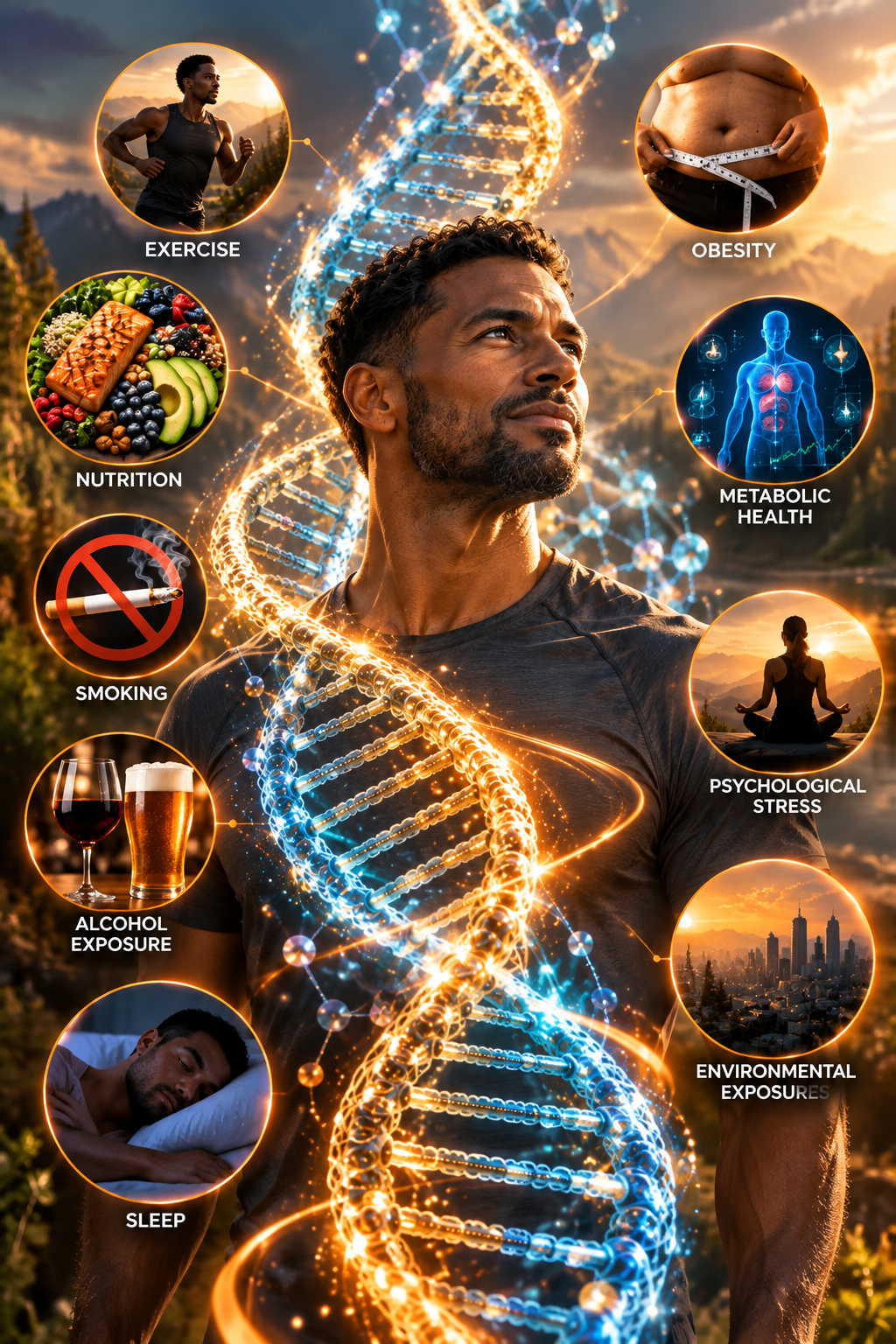 Infographic of a man with a glowing DNA strand surrounded by icons representing lifestyle and environmental factors studied in epigenetic aging research: exercise, obesity, nutrition, metabolic health, smoking, psychological stress, alcohol exposure, environmental exposures and sleep