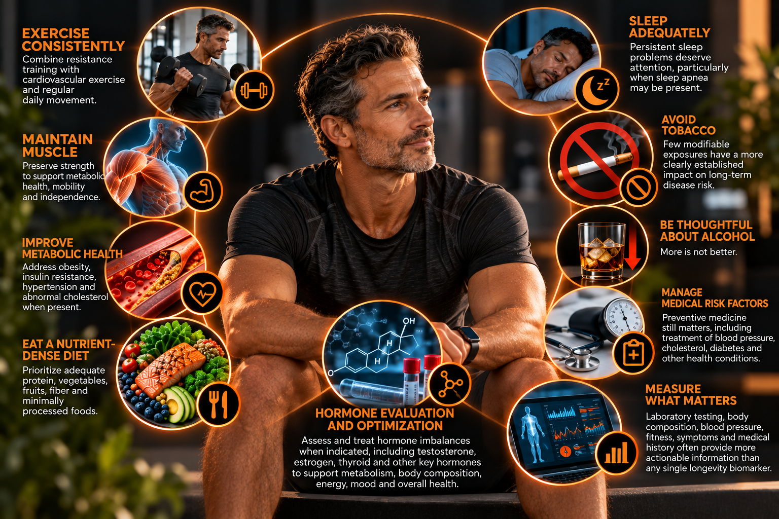 Infographic of a man surrounded by icons for a practical approach to healthy aging: exercise consistently, maintain muscle, improve metabolic health, eat a nutrient-dense diet, hormone evaluation and optimization, sleep adequately, avoid tobacco, be thoughtful about alcohol, manage medical risk factors and measure what matters