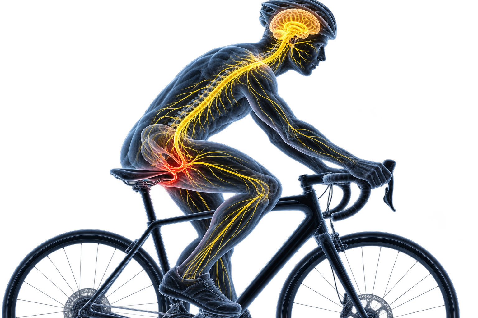 Cyclist on a road bike shown as a translucent anatomical figure, with the brain, spinal cord and nerves glowing yellow and a red hot spot where the saddle presses on the perineum and pudendal nerve region.
