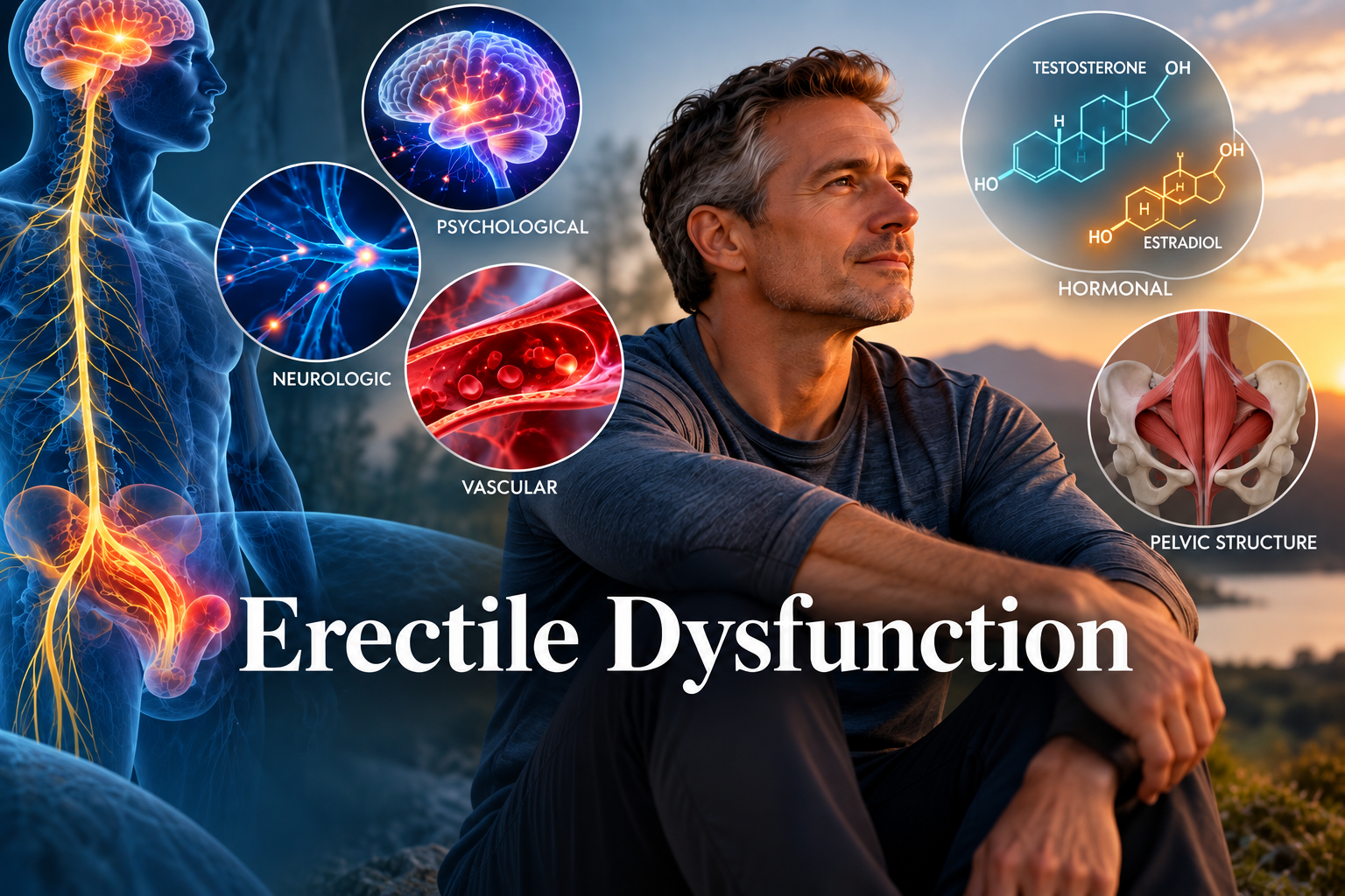Man in his 40s–50s sitting outdoors at sunset beside illustrations of the nervous system, brain, blood vessel, testosterone and estradiol molecules, and pelvic muscles, labeled psychological, neurologic, vascular, hormonal and pelvic structure, under the title Erectile Dysfunction