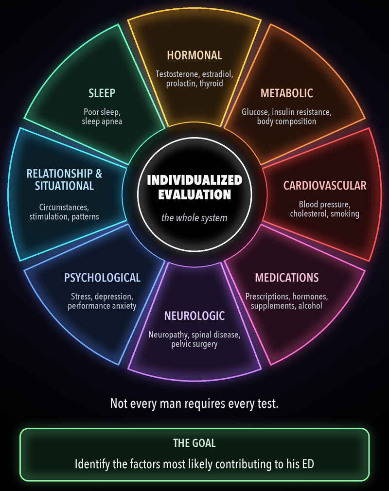 Individualized ED evaluation wheel with eight areas: hormonal, metabolic, cardiovascular, medications, neurologic, psychological, relationship and situational, and sleep. Not every man requires every test; the goal is to identify the factors most likely contributing to his ED.