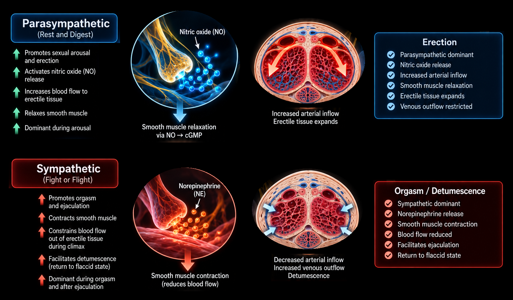 Parasympathetic versus sympathetic control of erection: parasympathetic (rest and digest) nerves release nitric oxide, relaxing smooth muscle via cGMP, increasing arterial inflow and expanding erectile tissue for erection; sympathetic (fight or flight) nerves release norepinephrine, contracting smooth muscle, reducing blood flow and producing orgasm, ejaculation and detumescence.