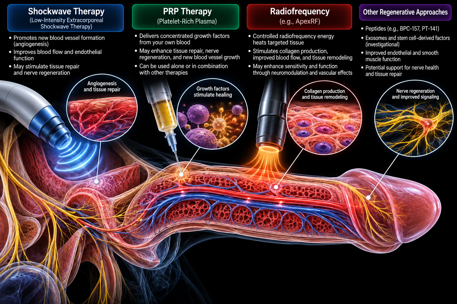 Regenerative ED treatment approaches shown on an anatomical illustration of the penis: shockwave therapy, PRP therapy, radiofrequency (e.g., ApexRF), and other investigational regenerative approaches, with close-ups of blood vessel growth, platelet growth factors, collagen remodeling and nerve signaling.