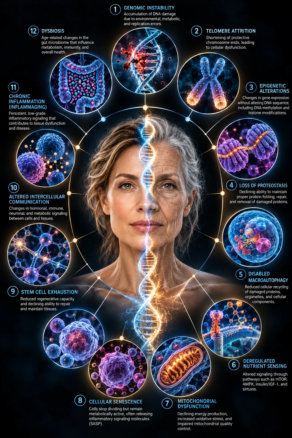 The 12 hallmarks of aging arranged around a woman's face shown young on one side and older on the other: genomic instability, telomere attrition, epigenetic alterations, loss of proteostasis, disabled macroautophagy, deregulated nutrient sensing, mitochondrial dysfunction, cellular senescence, stem cell exhaustion, altered intercellular communication, chronic inflammation (inflammaging), and dysbiosis, each with a one-line description.