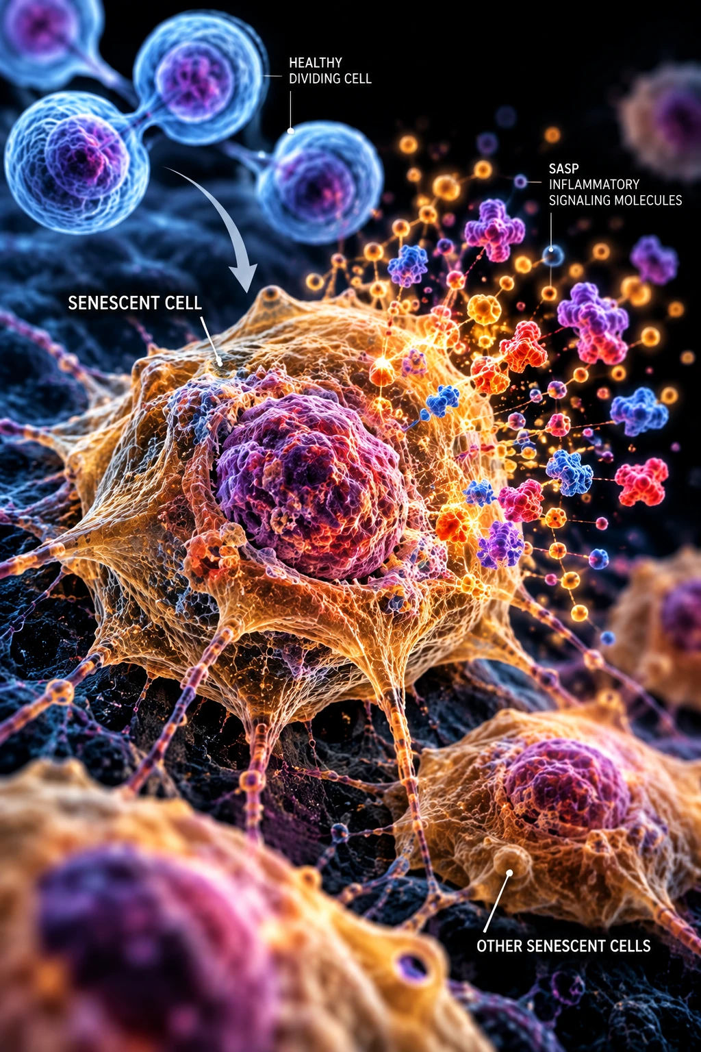 A large, flattened senescent cell releasing SASP inflammatory signaling molecules, with healthy dividing cells above it and other senescent cells nearby.