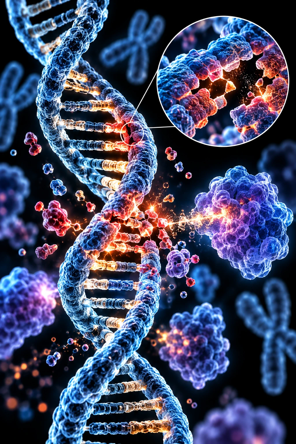 A DNA double helix with a damaged, broken segment glowing red and orange, with an inset magnifying the break, surrounded by chromosomes and floating molecules.