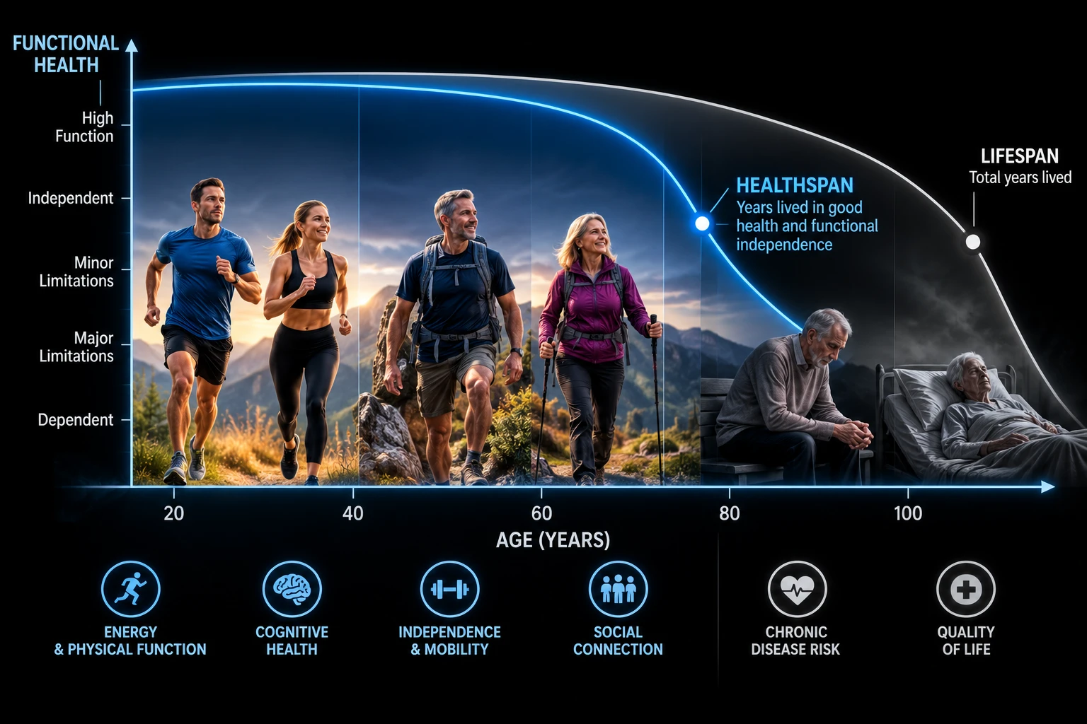 A chart of functional health against age from 20 to 100: a blue healthspan curve stays high through the 60s then falls, while a white lifespan curve extends further, illustrated by people running and hiking in earlier decades and an older adult seated and then bedridden later; icons below list energy and physical function, cognitive health, independence and mobility, social connection, chronic disease risk, and quality of life.
