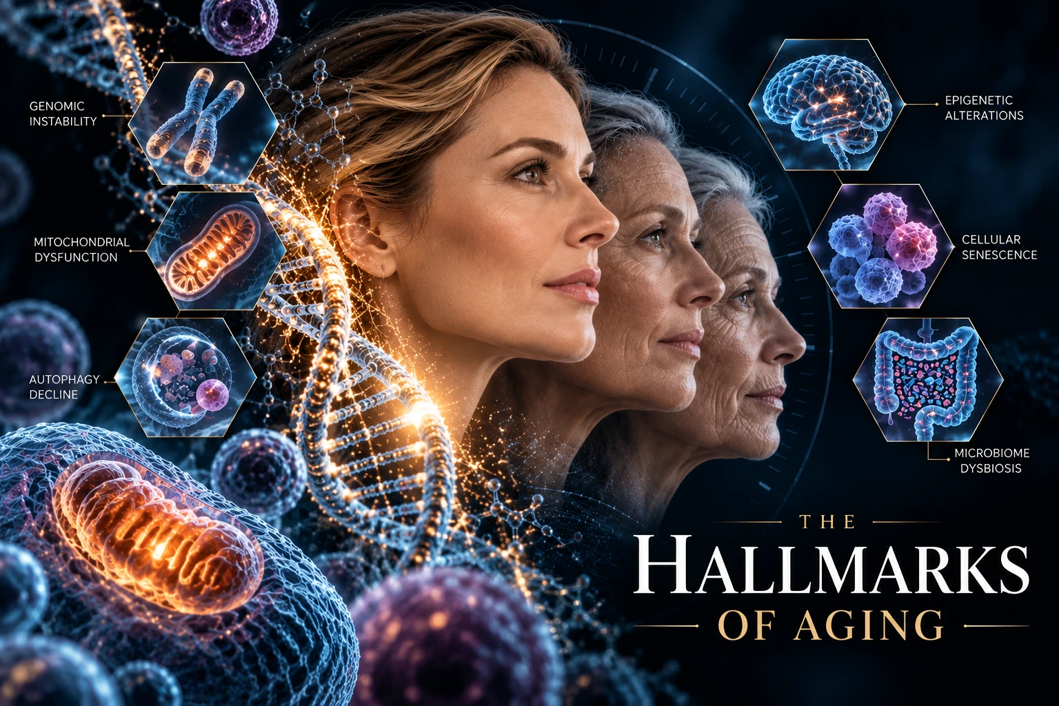 The Hallmarks of Aging: a woman shown at three ages beside a DNA helix, with icons for genomic instability, mitochondrial dysfunction, autophagy decline, epigenetic alterations, cellular senescence, and microbiome dysbiosis.