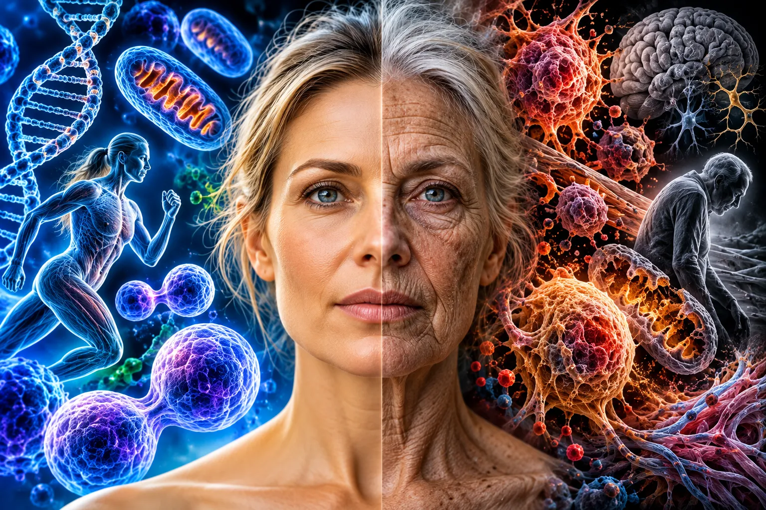 A woman's face split down the middle, young on the left beside healthy DNA, mitochondria, dividing cells and a running figure, and aged on the right beside inflamed cells, damaged mitochondria, a brain, and a hunched older figure.