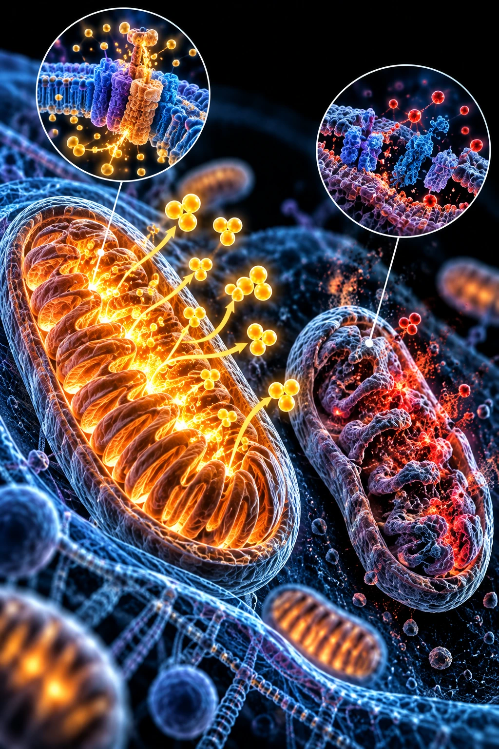 A healthy mitochondrion glowing orange and releasing ATP molecules beside a damaged, dim mitochondrion leaking reactive oxygen species, with insets showing ATP synthase in the membrane and damaged mitochondrial DNA.