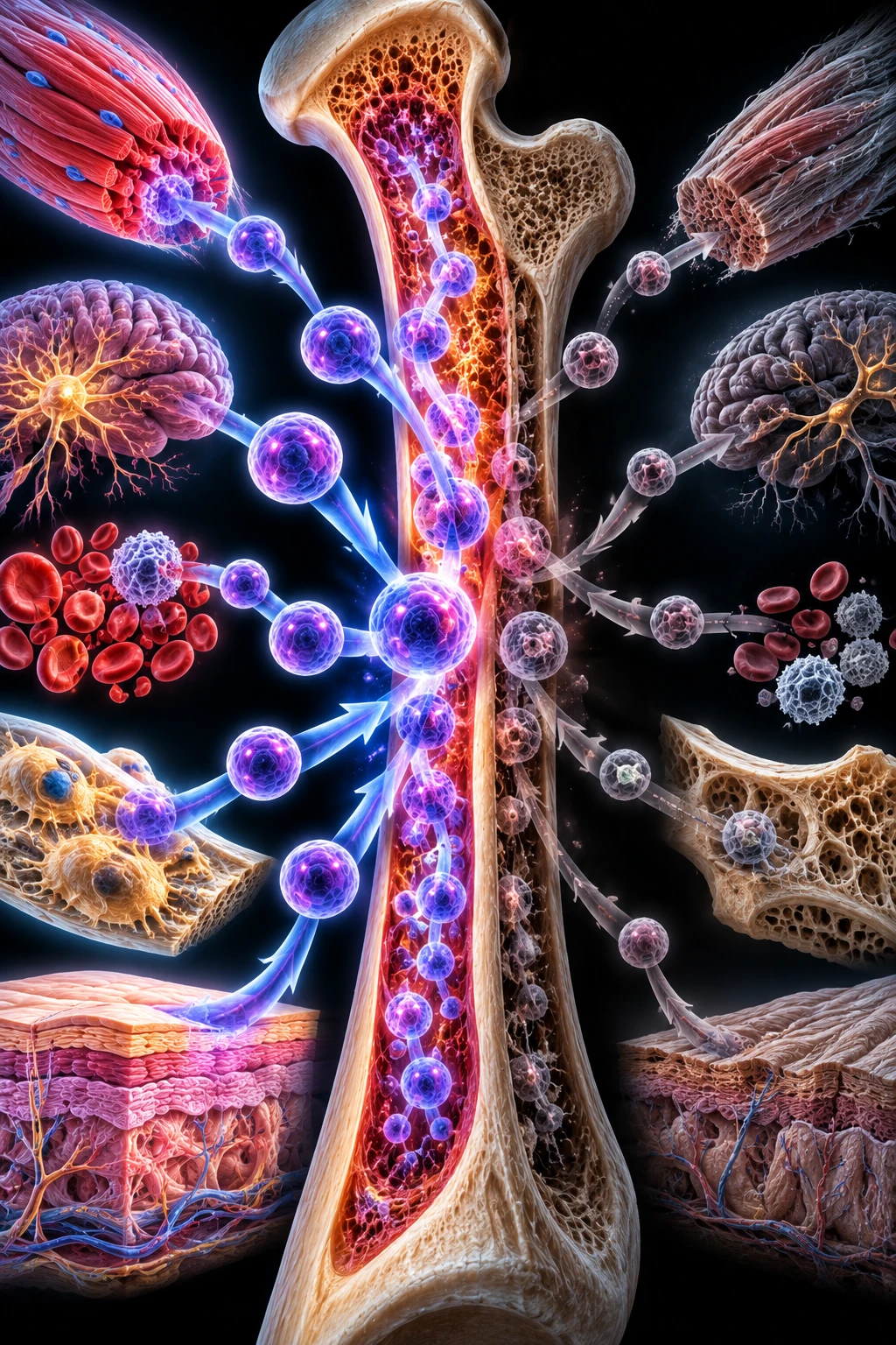 A cross-section of bone marrow releasing bright stem cells toward healthy muscle, brain, blood, bone, and skin on one side, and faded stem cells toward aged, degraded versions of the same tissues on the other.