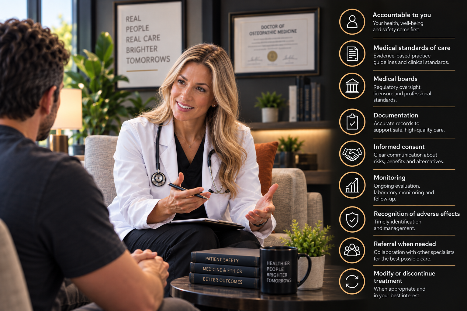 Physician discussing an accountability checklist with a patient: accountable to you, medical standards of care, medical boards, documentation, informed consent, monitoring, recognition of adverse effects, referral when needed, and modifying or discontinuing treatment when appropriate