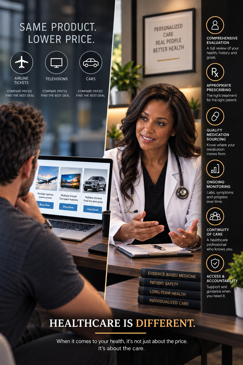 Comparison-shopping for airline tickets, televisions and cars sits beside a physician offering comprehensive evaluation, appropriate prescribing, quality medication sourcing, ongoing monitoring, continuity of care and access and accountability, under the heading healthcare is different: when it comes to your health, its not just about the price, its about the care