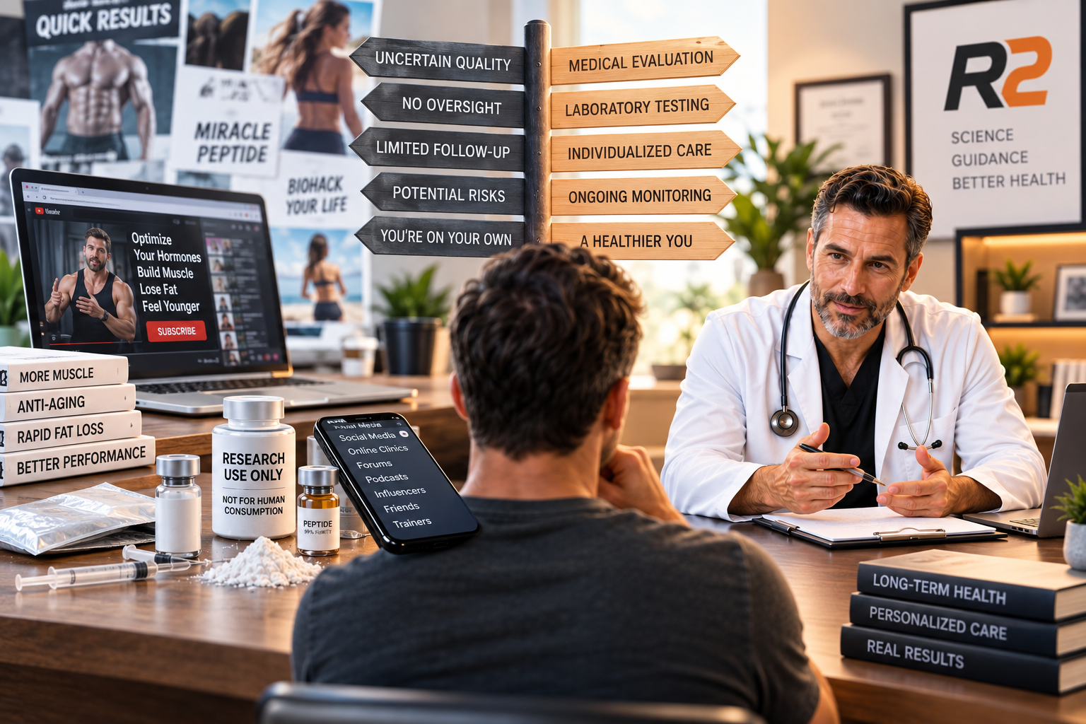 Split scene contrasting unsupervised online shortcuts with physician-led care: a desk cluttered with "quick results," "miracle peptide," and "research use only / not for human consumption" vials and syringes next to a laptop showing a biohacking video, beneath a signpost pointing one way toward uncertain quality, no oversight and limited follow-up, and the other way toward medical evaluation, laboratory testing and ongoing monitoring — next to a physician in a white coat consulting with a patient at an R2 Medical Clinic desk