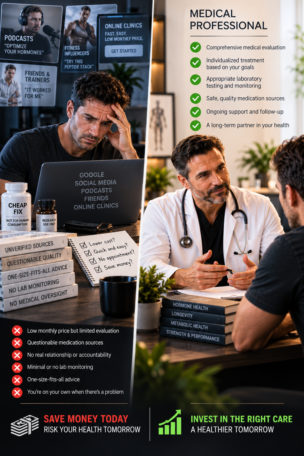 Two paths compared: a stressed man researching podcasts, fitness influencers, friends and online clinics promising a cheap fast fix with unverified sourcing, questionable quality and no medical oversight, versus a medical professional offering comprehensive evaluation, individualized treatment, laboratory monitoring, safe medication sourcing and ongoing support