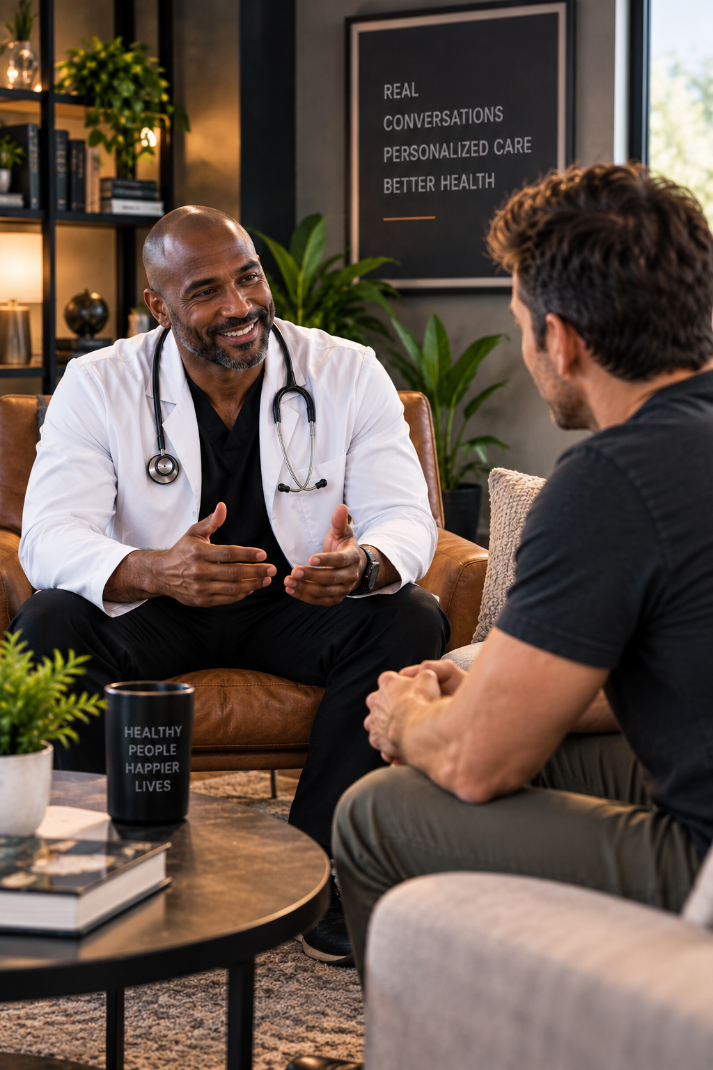 Physician and patient having a genuine, relaxed conversation in a comfortable consultation room, with a wall sign reading real conversations, personalized care, better health and a mug reading healthy people, happier lives, representing the continuity of an ongoing patient-provider relationship