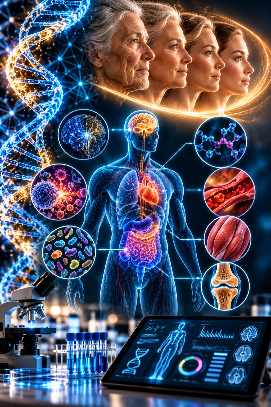 Illustration of longevity medicine: a woman shown at four ages beside a DNA helix, a translucent human body with brain, heart, gut, blood vessels, muscle and joint close-ups, and a lab bench with a microscope, blood tubes and a tablet showing health data.