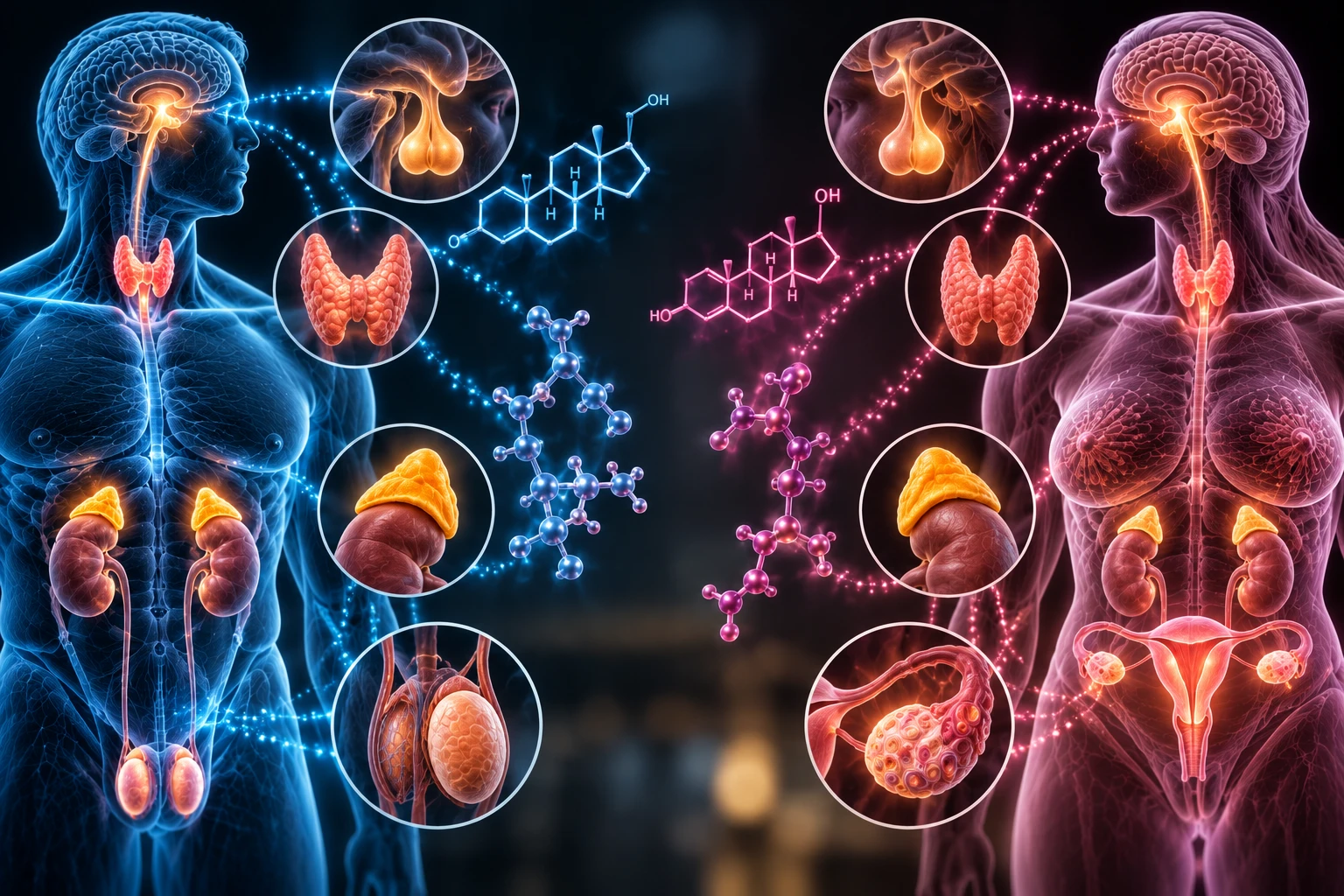 Illustration of male and female endocrine systems: the pituitary, thyroid, adrenal glands, testes and ovaries highlighted, with steroid hormone structures between the two figures.