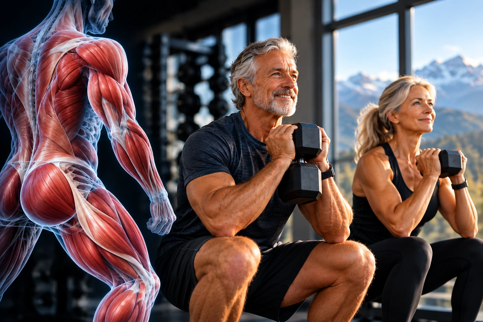 An older man and woman doing dumbbell goblet squats in a gym with mountain views, beside an anatomical illustration of the back, hip and leg muscles used in the movement.