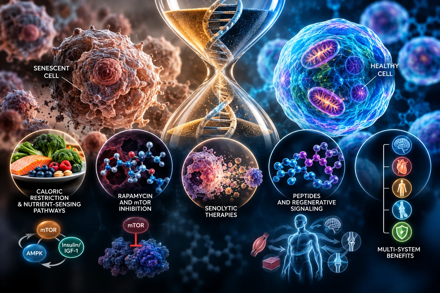 Illustration contrasting a senescent cell with a healthy cell around an hourglass with DNA, showing approaches under study: caloric restriction and nutrient-sensing pathways (mTOR, AMPK, insulin/IGF-1), rapamycin and mTOR inhibition, senolytic therapies, peptides and regenerative signaling, and multi-system benefits.