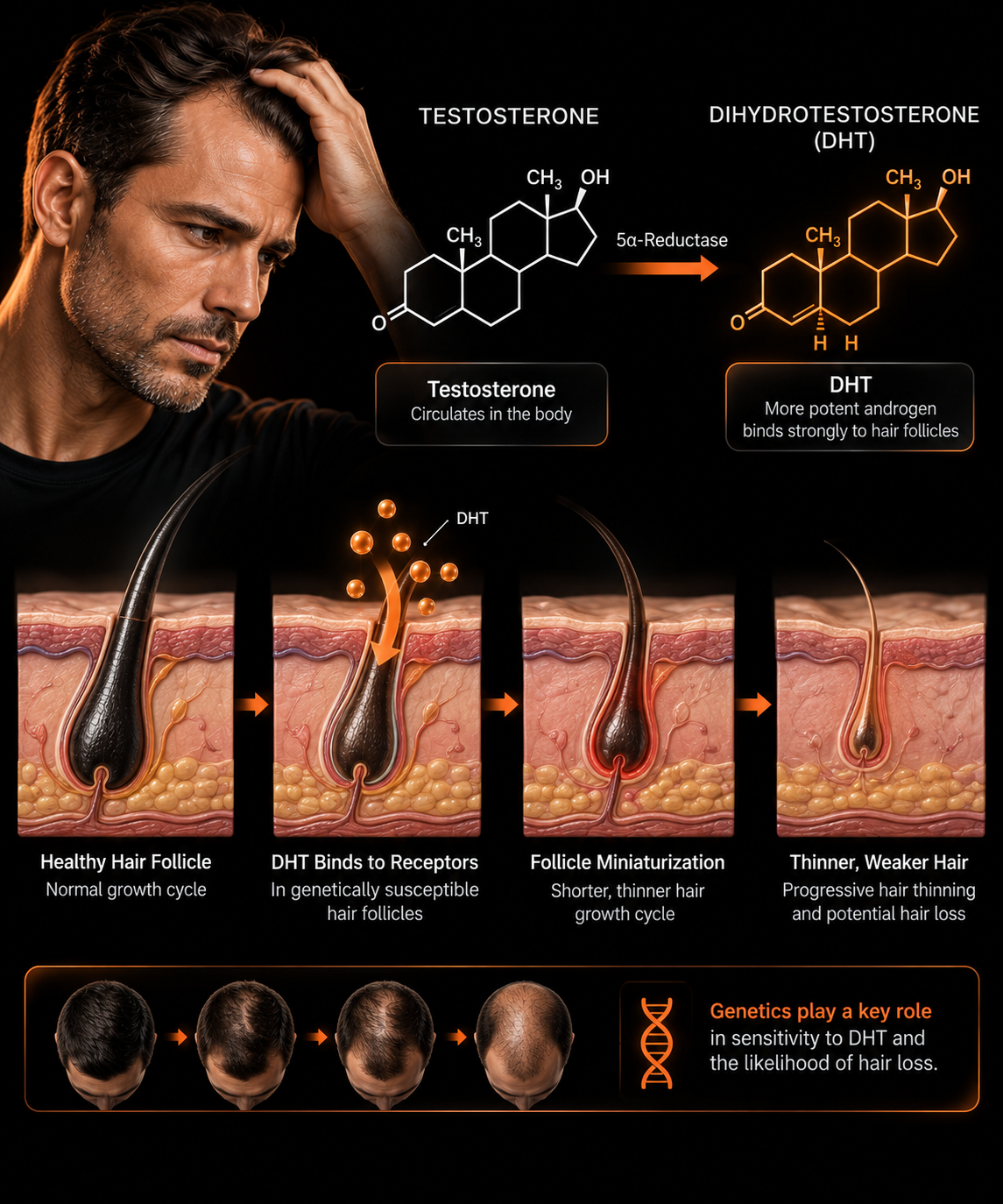 Diagram showing testosterone converting to dihydrotestosterone (DHT) via the 5-alpha-reductase enzyme, and how DHT binds hair follicle receptors and contributes to follicle miniaturization and hair thinning over time