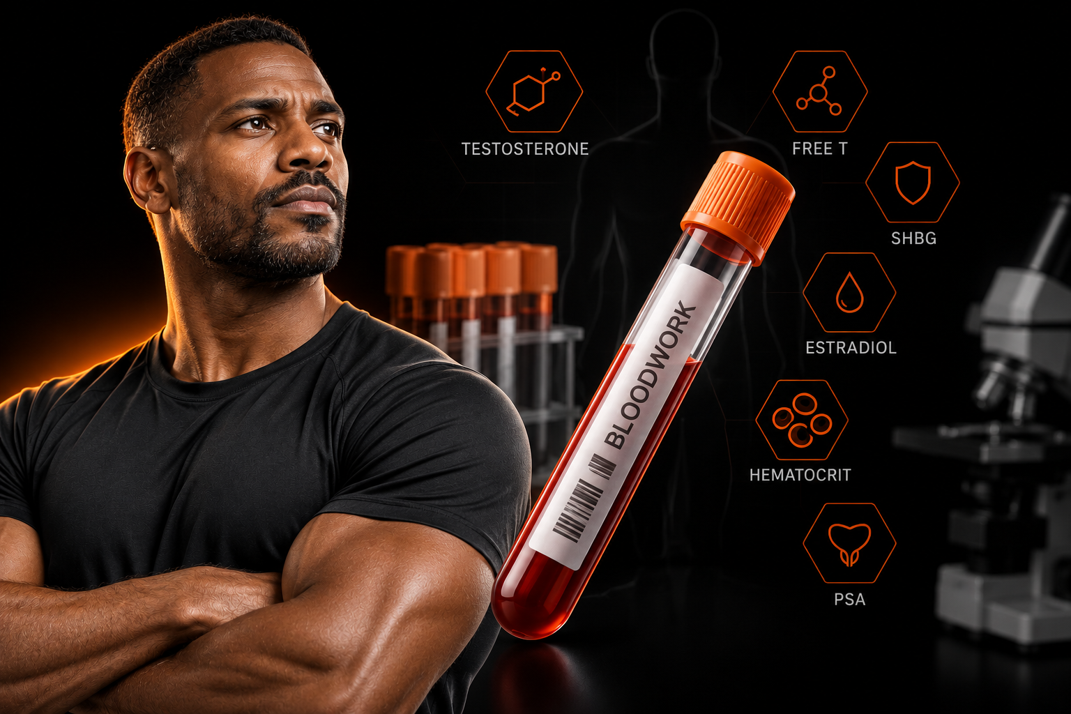 Man with crossed arms next to a bloodwork test tube and icons for testosterone, free testosterone, SHBG, estradiol, hematocrit and PSA