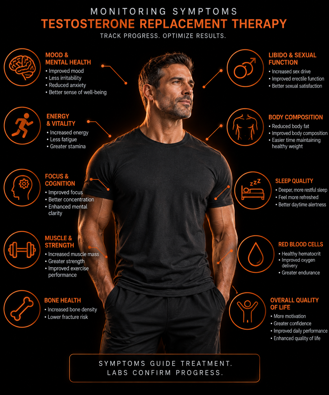 Infographic showing how testosterone replacement therapy is monitored across mood and mental health, energy and vitality, focus and cognition, muscle and strength, bone health, libido and sexual function, body composition, sleep quality, red blood cells and overall quality of life